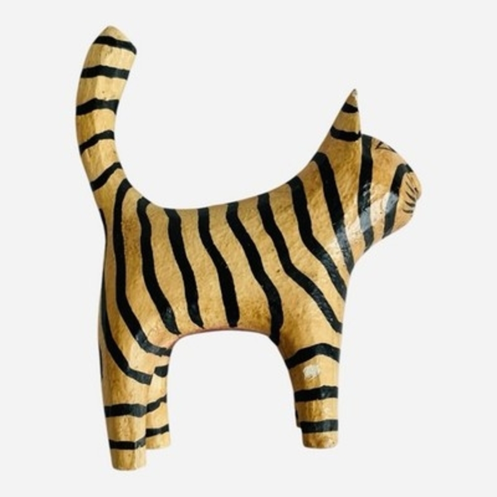 Artisan Carved Wooden Beige Black Striped Folk Art 4.5" Cat Figurine